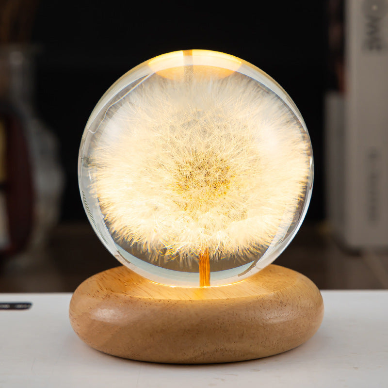 Lámpara LED de noche con bola de cristal y flores para niños, lámpara de noche con Base de madera, luz ambiental para dormitorio, regalo creativo, luz nocturna