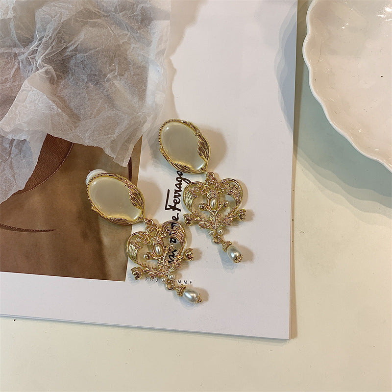 Cour Vintage Gravure Métal Strass Perle Boucles D'oreilles Femme