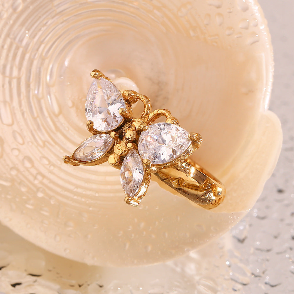 Fashion Zircon Butterfly Stainless Steel Plated 18K Gold Ring