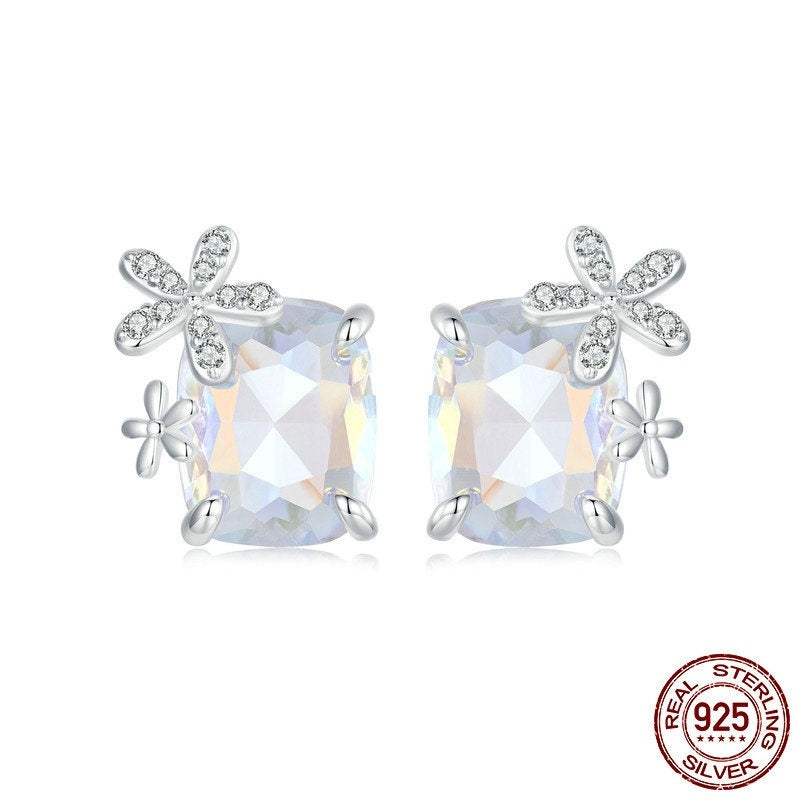 Boucles d'oreilles fantaisie fleur en pierre principale pour femmes, colorées et brillantes, luxe exquis, en argent Sterling 925