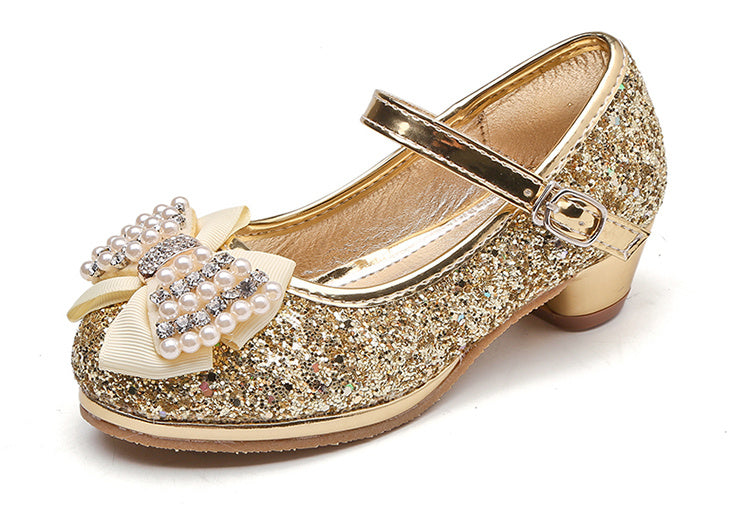 Chaussures en cristal à talon haut et nœud pour enfants