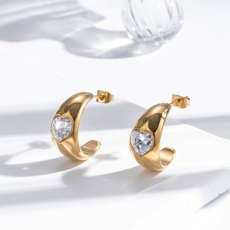 Boucles d'oreilles simples et gracieuses en acier inoxydable, cœur aimant en Zircon