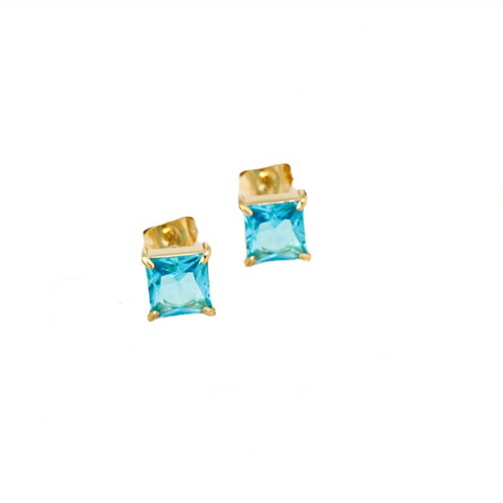 New Simple Titanium Steel 14K Gold Four Claw Inlaid Stone Square Diamond Small Ear Studs