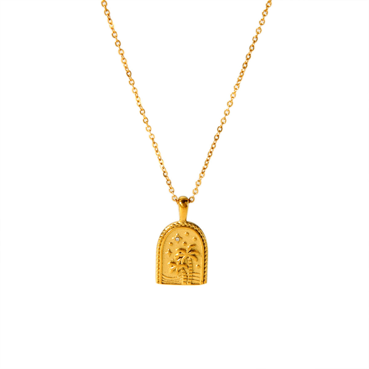 Collier pendentif géométrique en forme de cœur et de palmier en acier inoxydable en or 18 carats