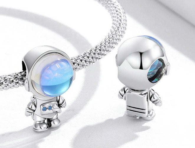 Pulsera de plata de ley S925 con cuentas de astronauta, cuentas simples de circonita para aventuras espaciales