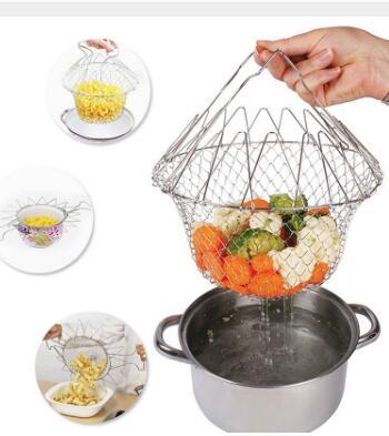 Panier à frire en acier inoxydable multifonction pliable, panier de cuisine de chef, outil de cuisine flexible pour le lavage des aliments frits, fruits et légumes