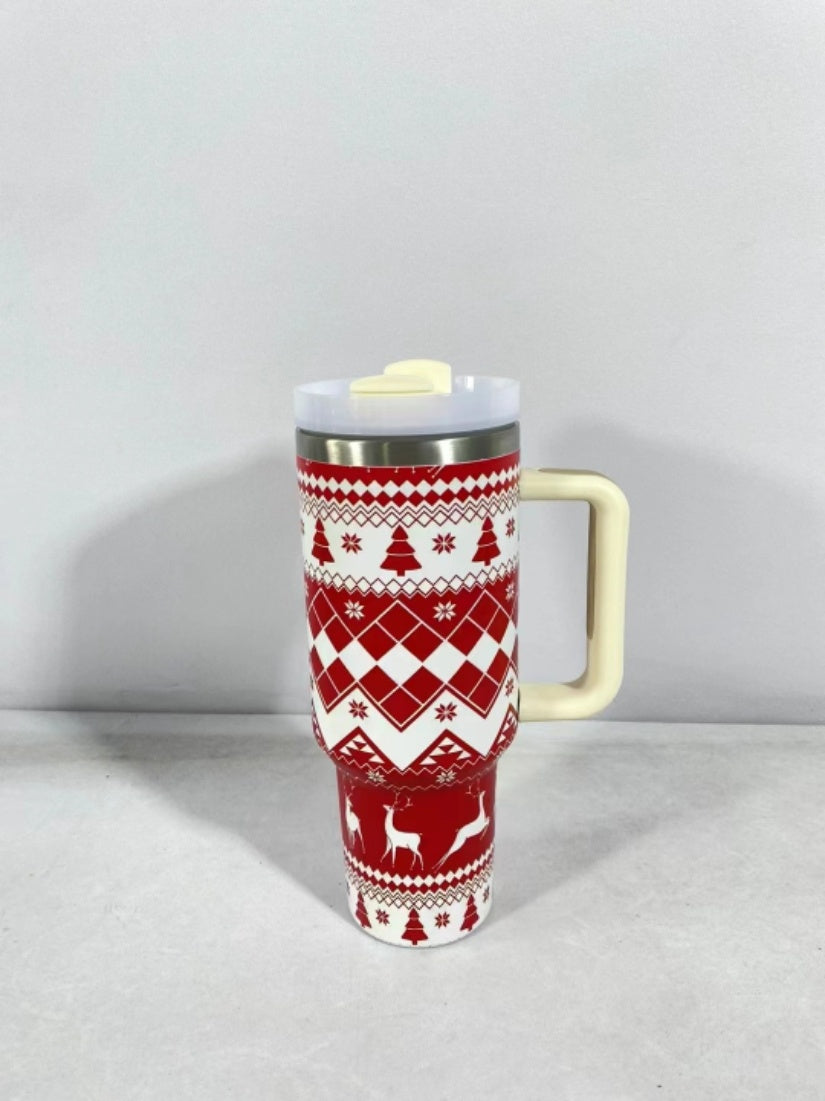 Tasse à motif de noël avec couvercle et poignée, verres en paille, gobelet sous vide en acier inoxydable, grande capacité, tasse à café de voyage en voiture, nouvelle collection