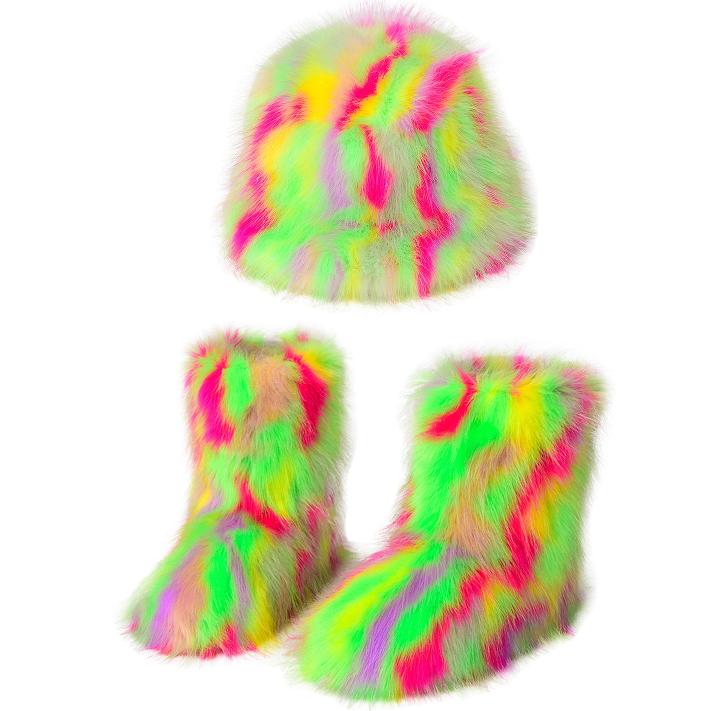 Bottes chaudes en peluche, chapeau seau en fourrure colorée