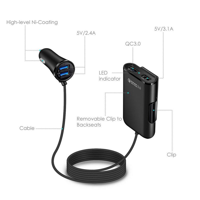 Compatible With  Back Seat Car Charger QC3.0 2.4A3.1A 4 USB Car Charger With Cable A Clip