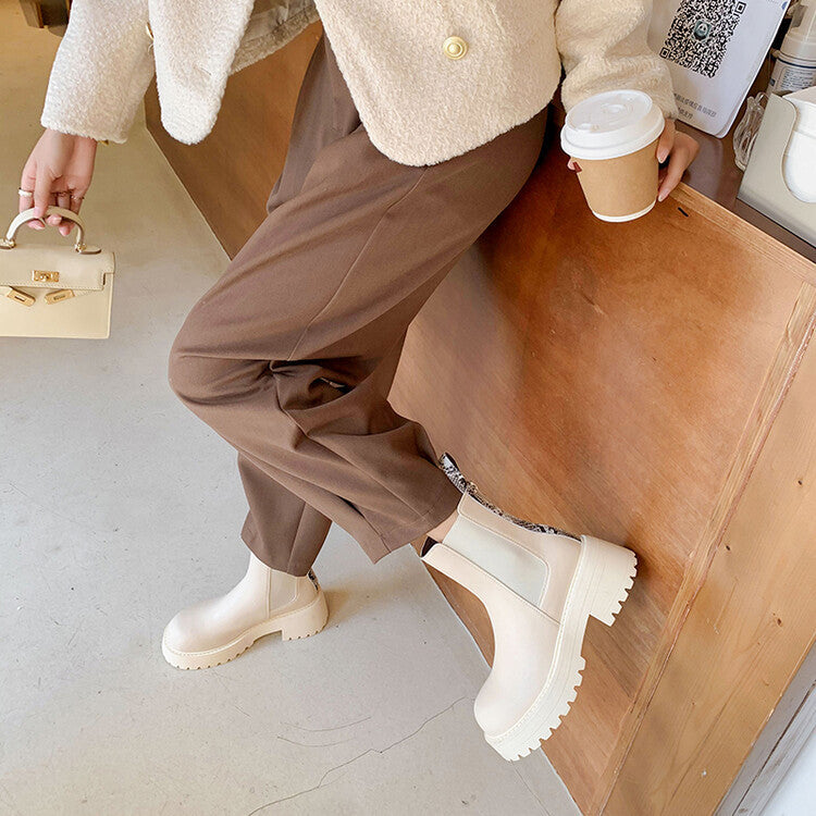 Bottes Martin à bout rond en cuir à talons hauts épais de style coréen pour femmes