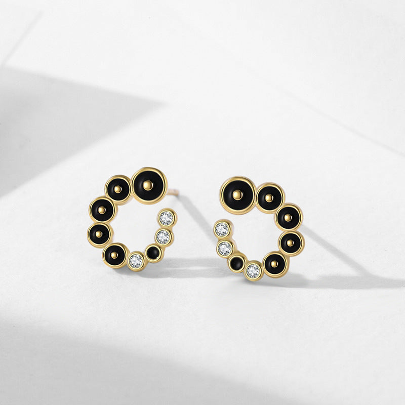 S925 Silver Black Round Micro Zircon-encrusted Stud Earrings