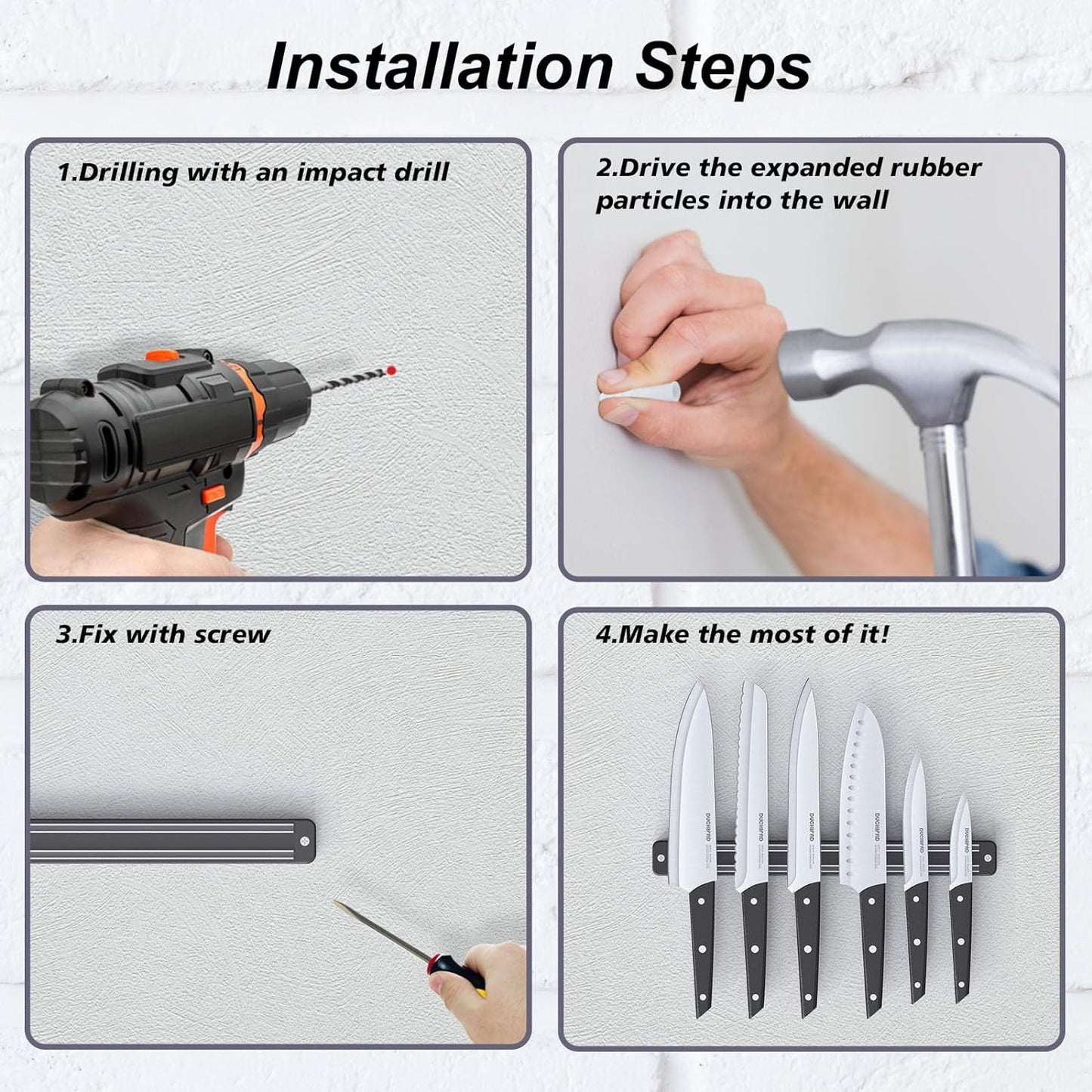 Tira magnética para cuchillos con juego de cuchillos, juego de cuchillos de 6 piezas con portacuchillas, juego de cuchillos de cocina con bloque magnético para cuchillos, portacuchillas magnético multiusos de 13,2 pulgadas para pared