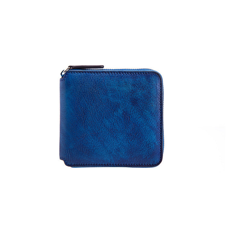 Portefeuille court en cuir de vache de couleur unie, frotté à la main