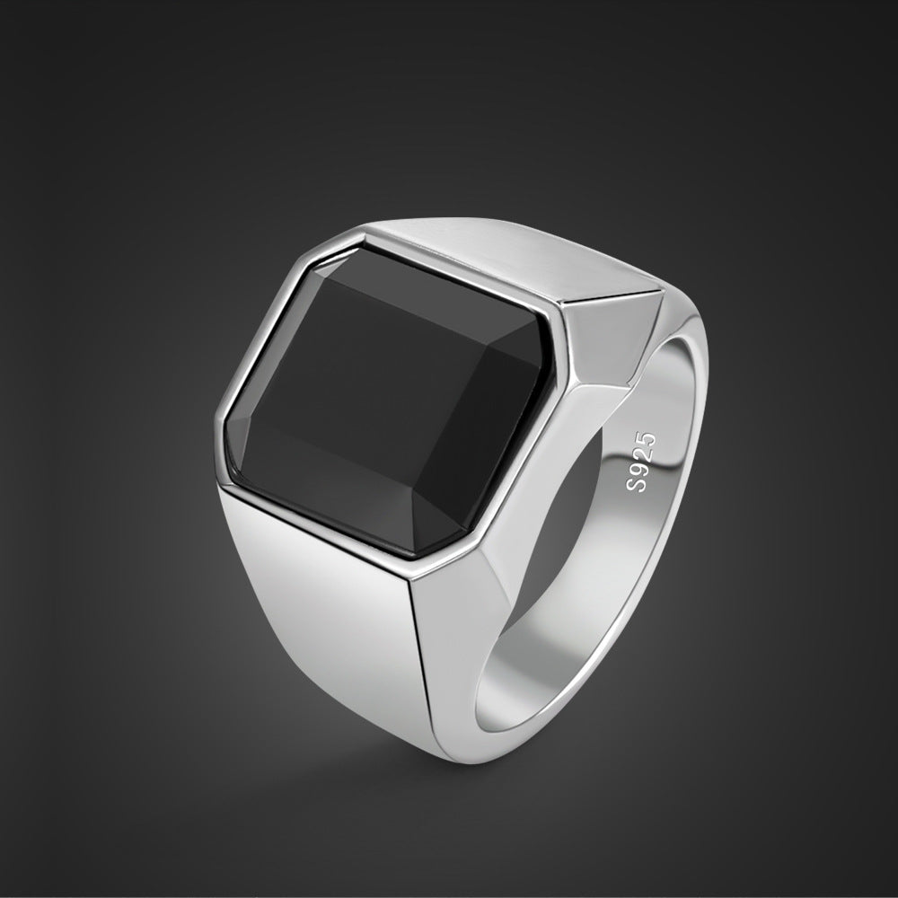 Personalized Men's Ring Square Black Agate