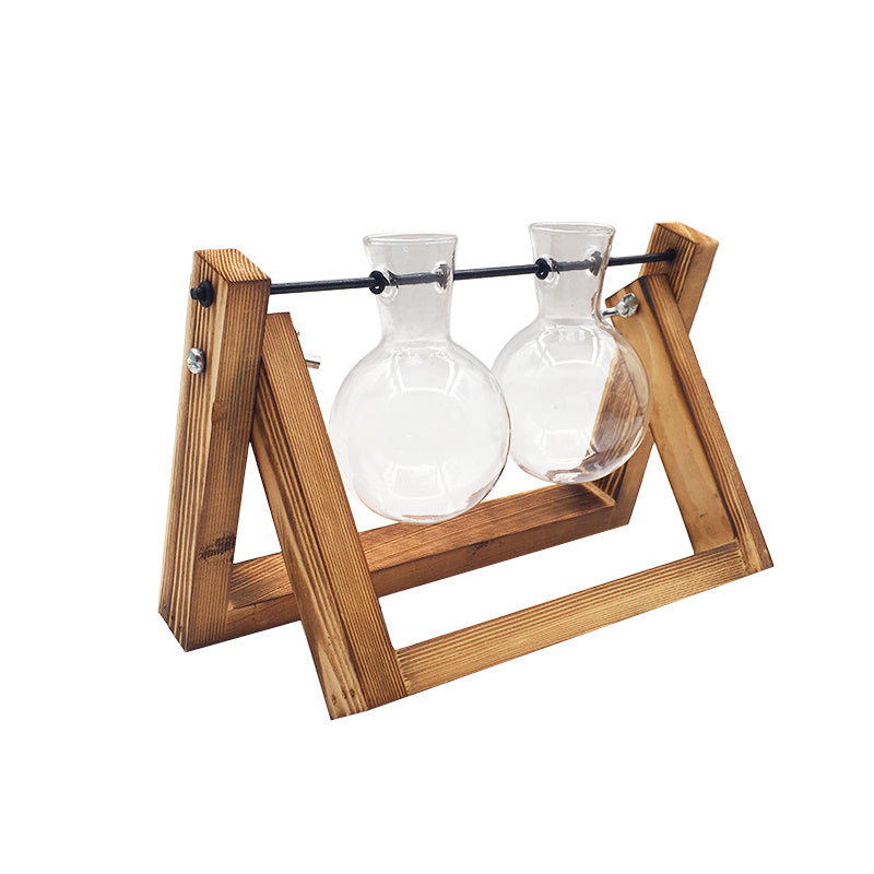 Vase en verre de récipient de plante hydroponique de support en bois d'oscillation