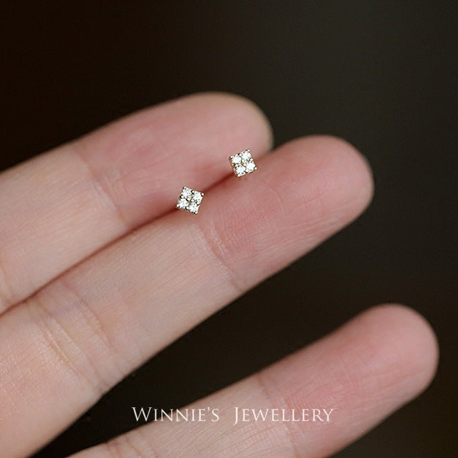 Mini boucles d'oreilles carrées simples en argent sterling plaqué or incrusté de carbink, jumelles assorties avec tout