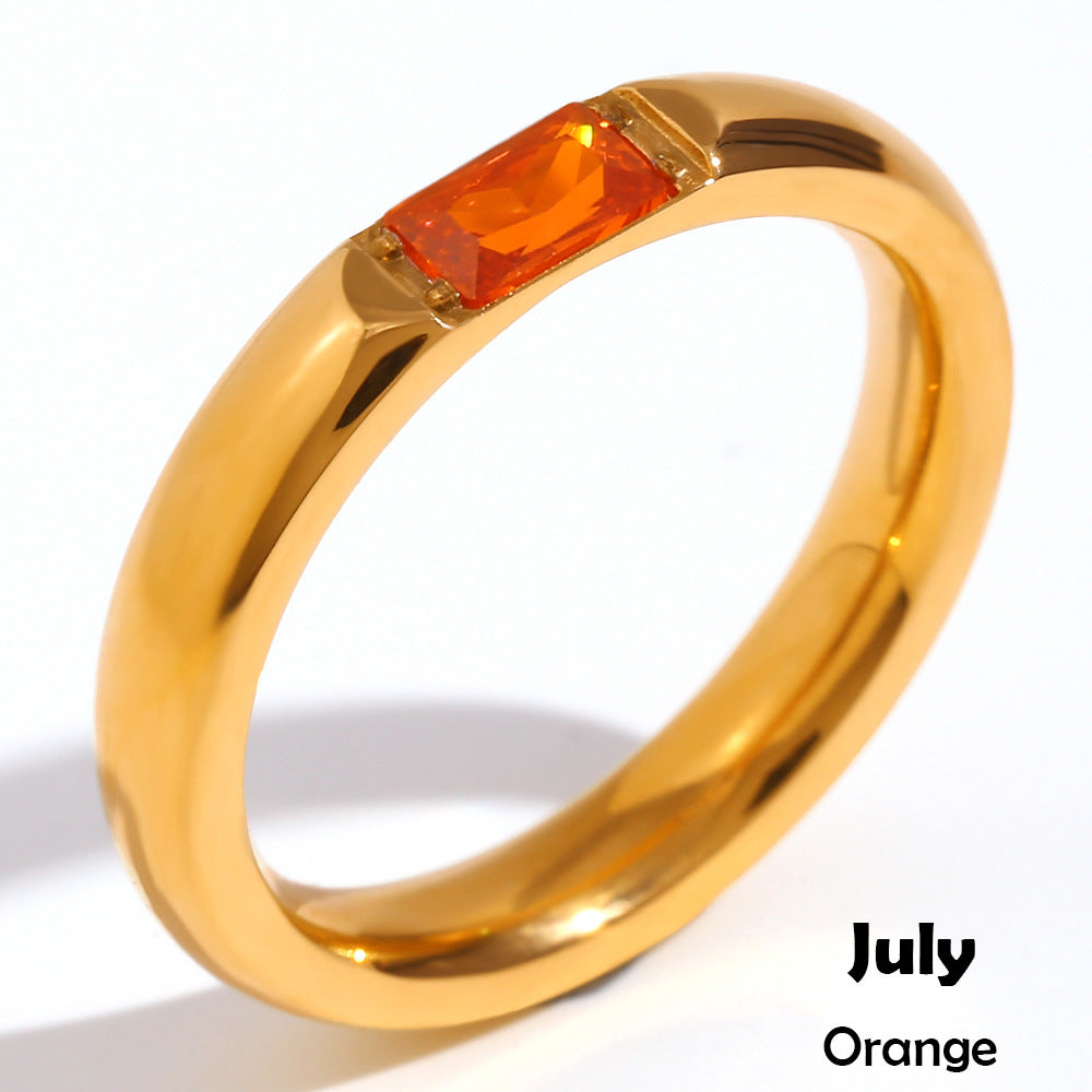 Stainless Steel Plated 18K Gold Rectangular Zircon Birthstones Ring