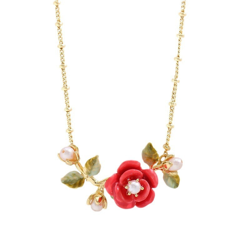 Boucles D'oreilles Corolle Rose Fleur Rouge Corail Perle Branches Et Feuilles Or