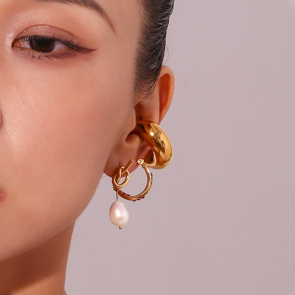 Fashion Stainless Steel 18K Gold Plating Knotted Button Freshwater Pearl Ear Studs