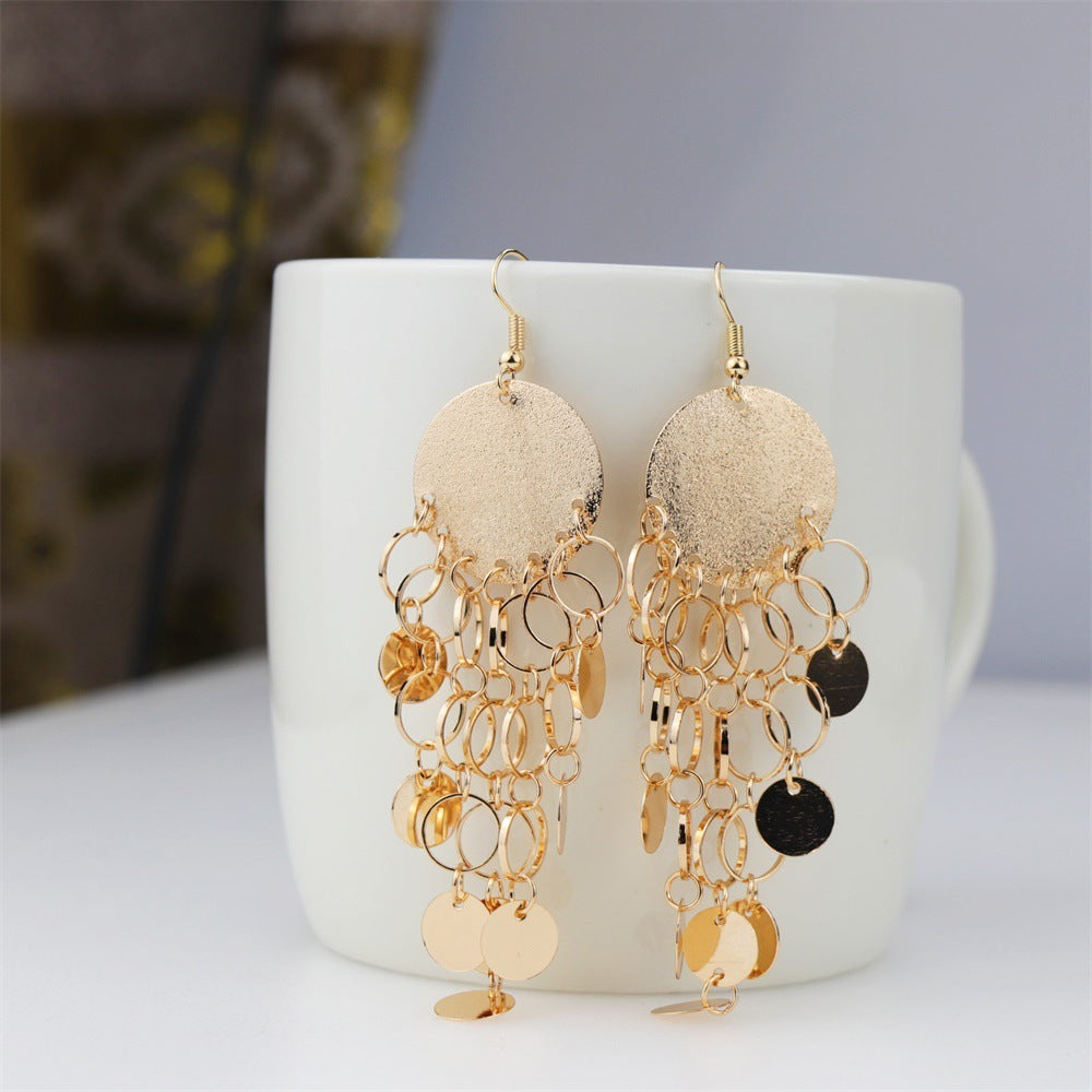 European And American Frosted Sequined Metal Earrings Personalized Long Tassel Pendant