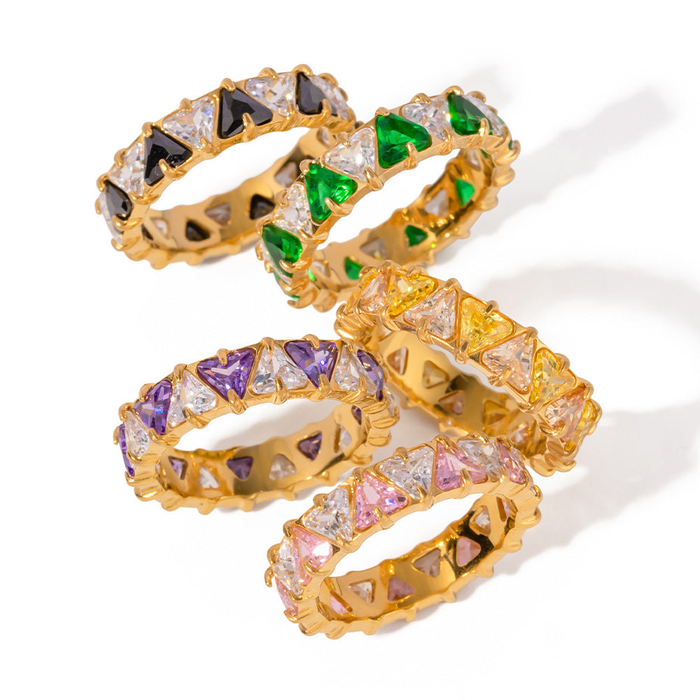 Anillo de circón triangular con incrustaciones de acero inoxidable de oro de 18 quilates estilo Ins europeo y americano