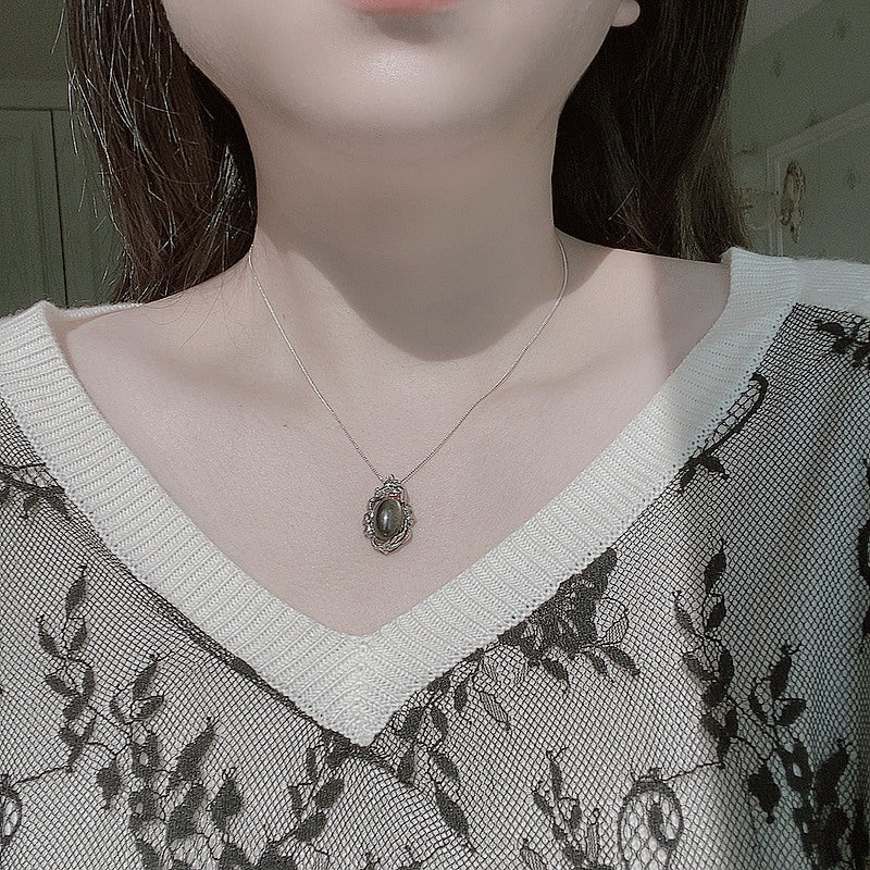 925 Thai Silver Natural Obsidian Pendant Necklace