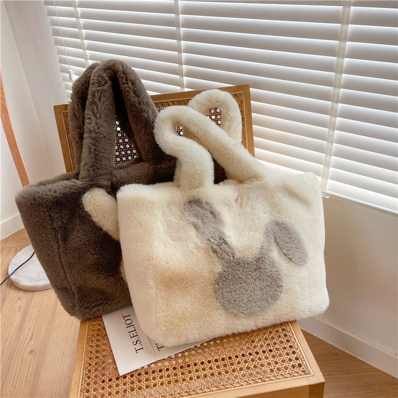 Sac en peluche oreilles de lapin de dessin animé mignon, sac à bandoulière d'automne et d'hiver, sacs à main de Shopping grande capacité, fourre-tout personnalisé pour femmes