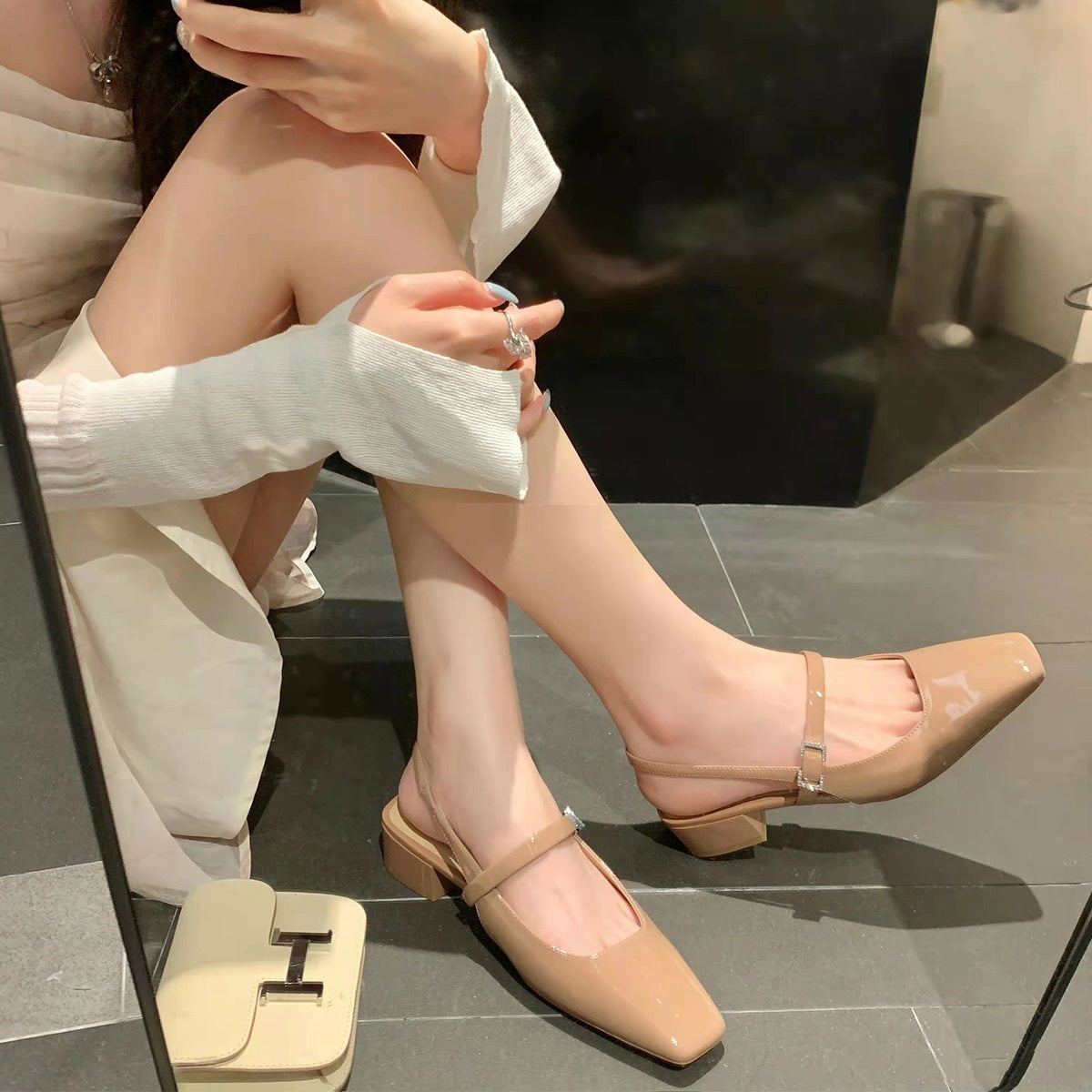 Chaussures Mary Jane françaises à bout carré et strass, boucle carrée, talon épais