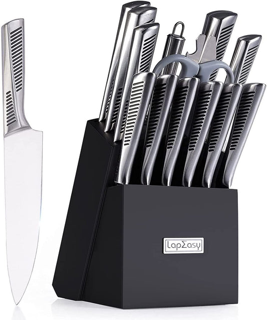 Ensemble de couteaux de cuisine. LapEasy 15 pièces ensembles de couteaux avec bloc couteau de Chef couverts à manche creux en acier inoxydable avec affûteur manuel 