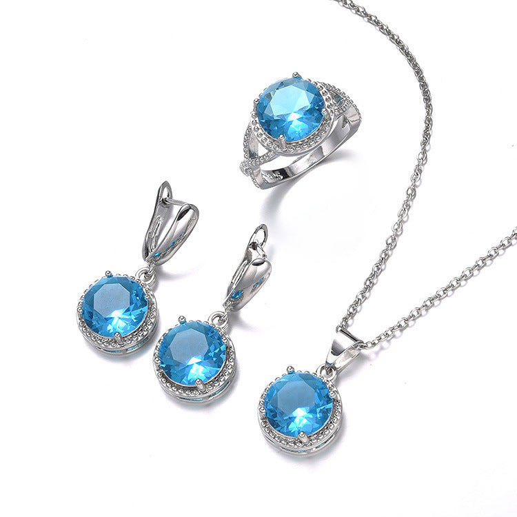 Women's Zircon Necklace Earring Ring Three-piece Set Simple Round