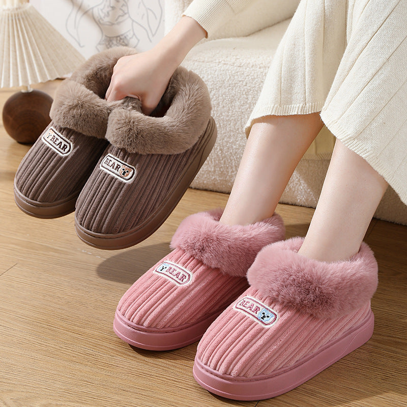 Pantoufles d'hiver chaudes pour femmes et hommes, chaussures en coton à talons recouverts de peluche, pantoufles moelleuses antidérapantes à semelles épaisses pour l'intérieur et l'extérieur