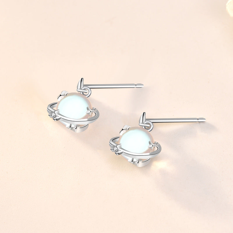 S925 Sterling Silver Moonstone Planet Female South Korea Simple Special Interest Earrings