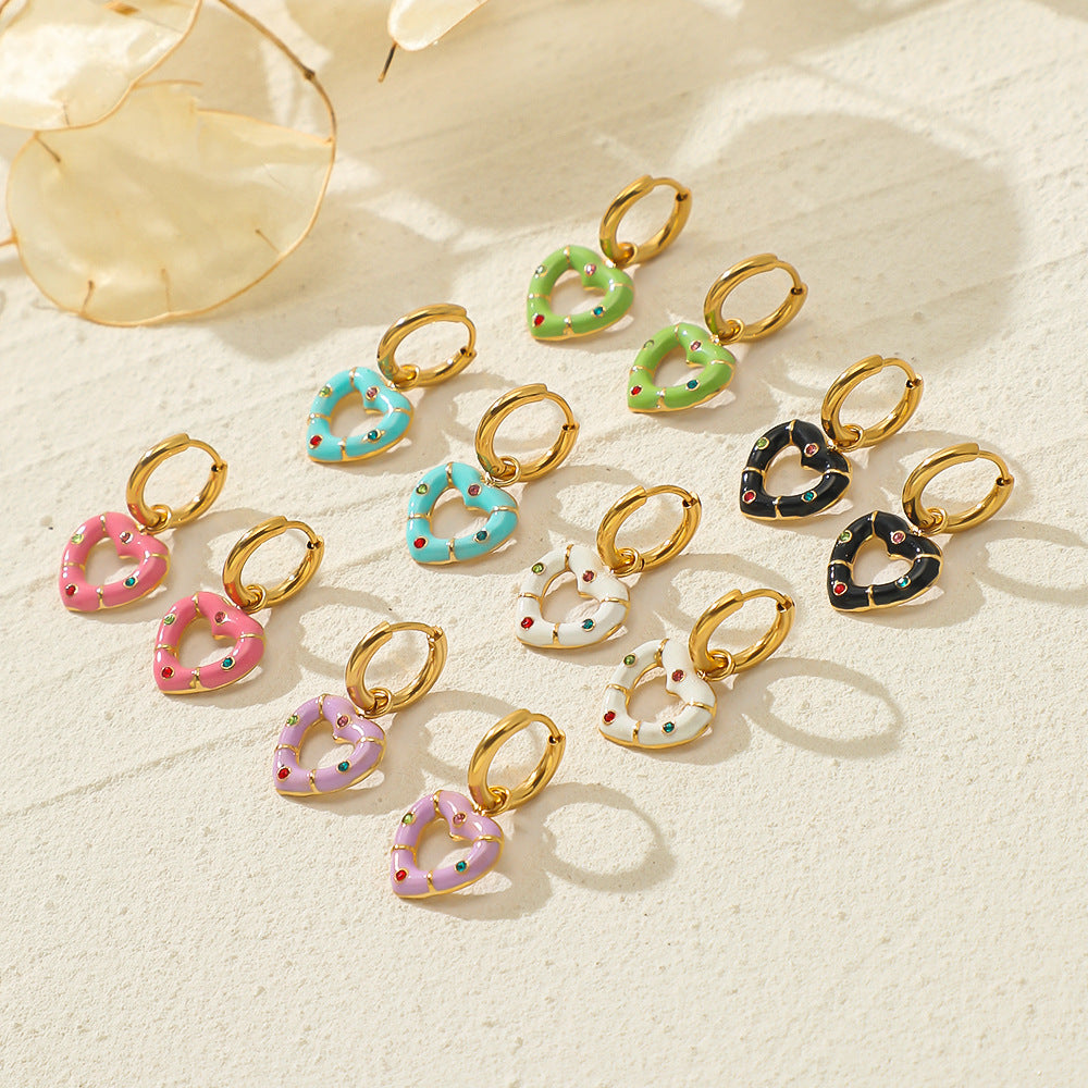 Boucles d'oreilles polyvalentes en forme de cœur avec diamants et huile goutte à goutte multicolores