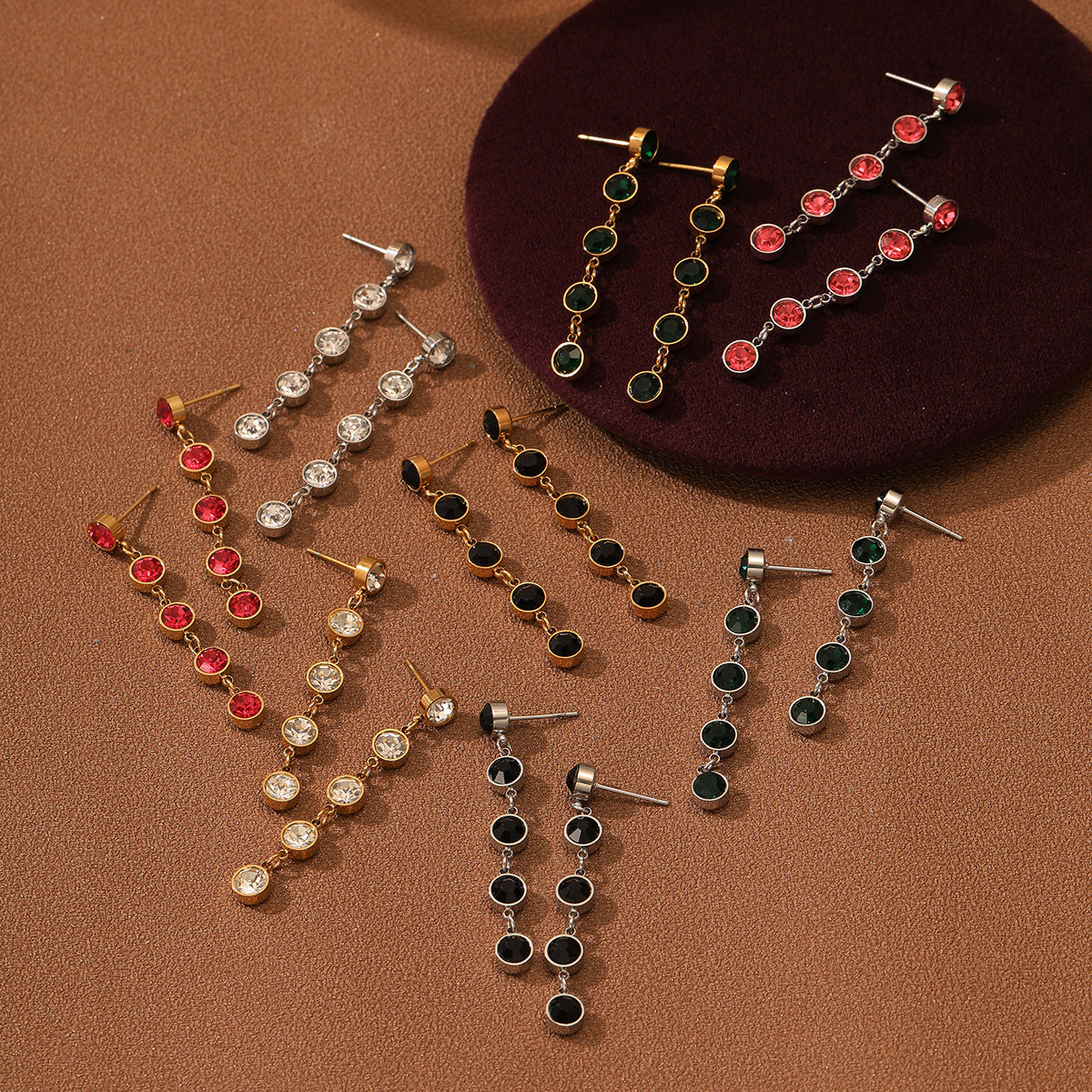 Boucles d'oreilles en acier titane avec pompon en Zircon de couleur pour femmes