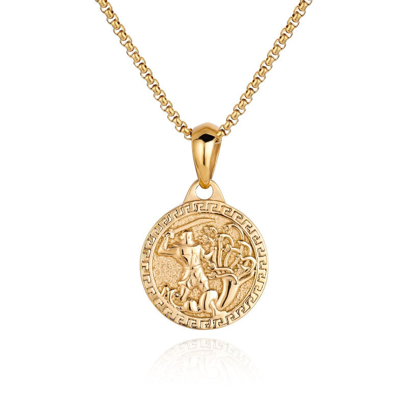 Collar con colgante chapado en oro de 18 quilates con moneda de acero inoxidable y brújula para hombre