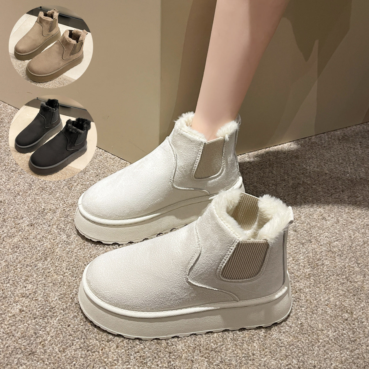 Botas de felpa para mujer Invierno Cálido Lana Grueso Pisos Botas de nieve Zapatos de moda