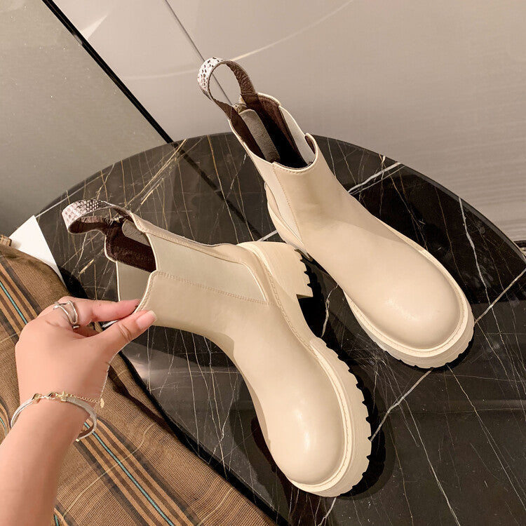 Bottes Martin à bout rond en cuir à talons hauts épais de style coréen pour femmes