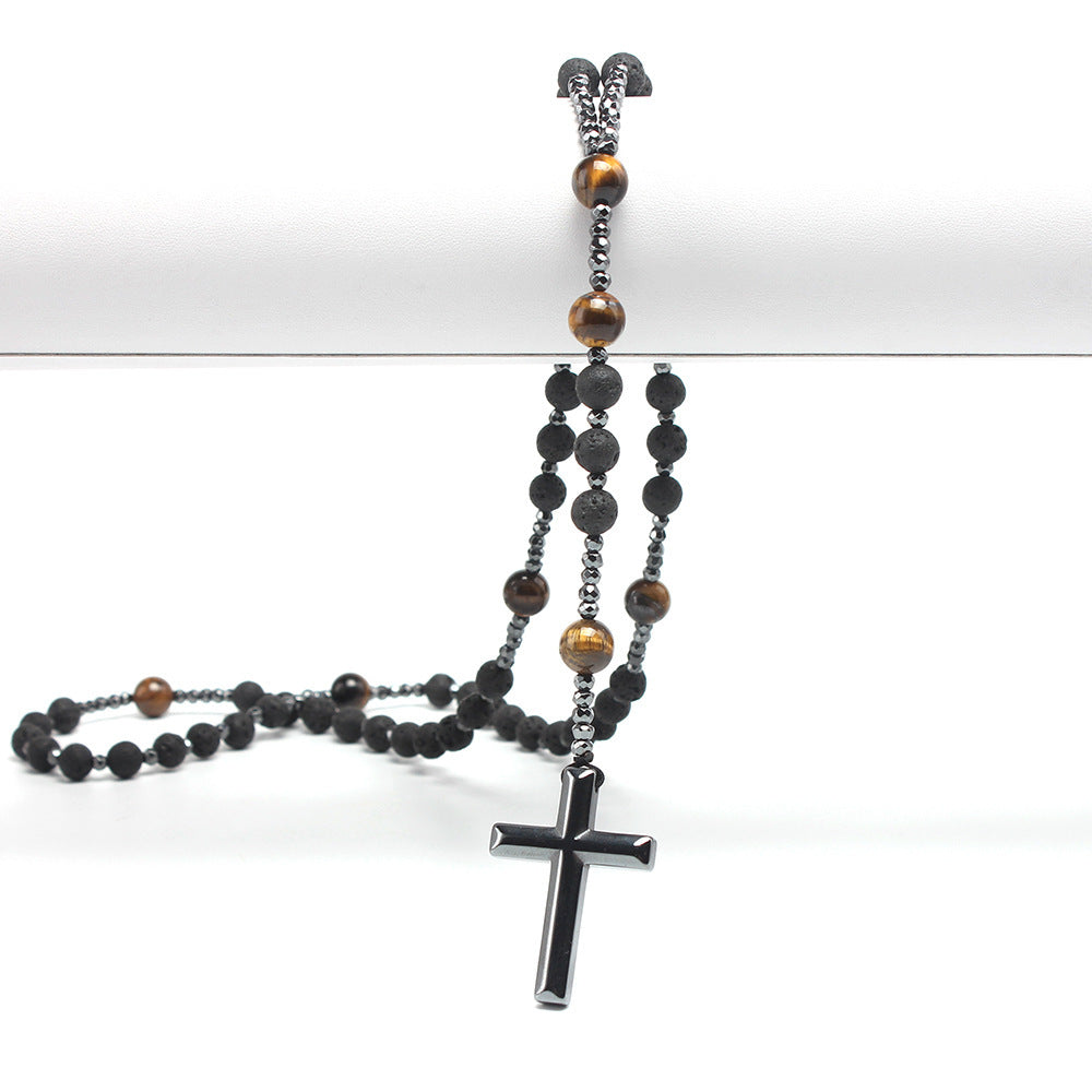 Natural Stone Black Volcanic Rock Yellow Tiger Eyes Haematite Cross Religion Men's Necklace Beads