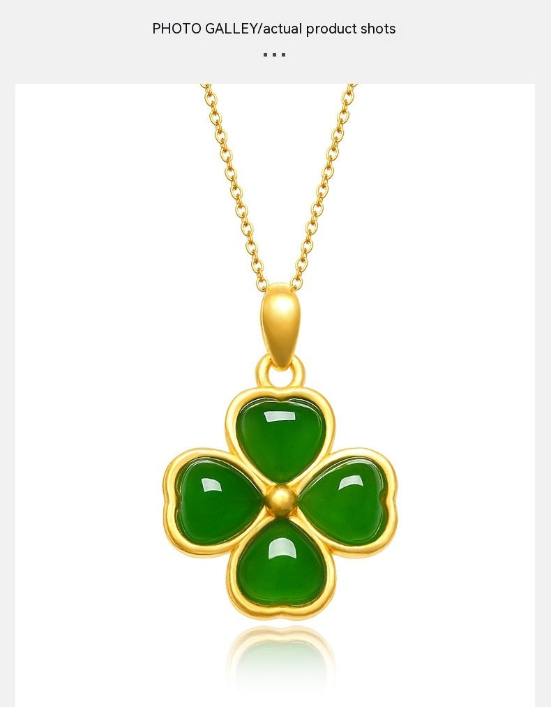 Clover Emerald Tourmaline Pendant Vintage Petal Necklace