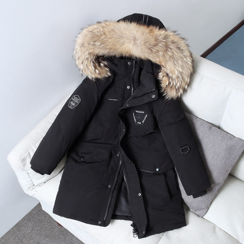 Doudoune enfant garçon mi-longue épaississement grande taille col fourrure manteau