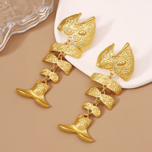 Retro Golden Hollow Fishbone Eardrops Earrings