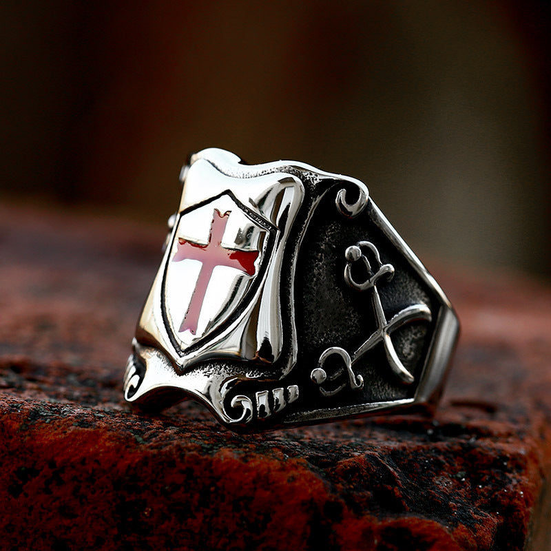 Anillo de epoxi con cruz de escudo de acero inoxidable