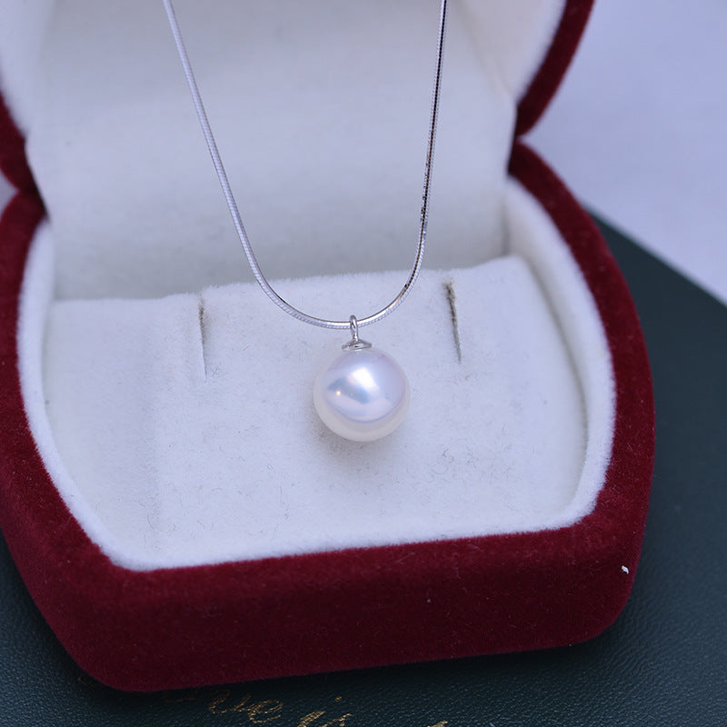 Collier avec pendentif en perles d'eau, 9-10mm, blanc, cercle parfait, fin, micro-défauts, argent S925, os de serpent, réglable