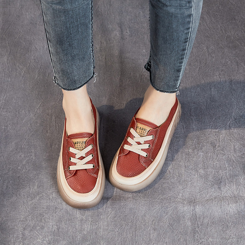 Escarpins à bouche peu profonde en cuir de vache véritable pour femme, chaussures décontractées à plateforme en caoutchouc, première couche