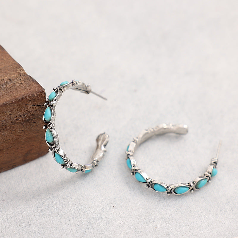 Boucle d'oreille occidentale en forme de goutte d'eau Turquoise, boucles d'oreilles rondes Turquoise en forme de C