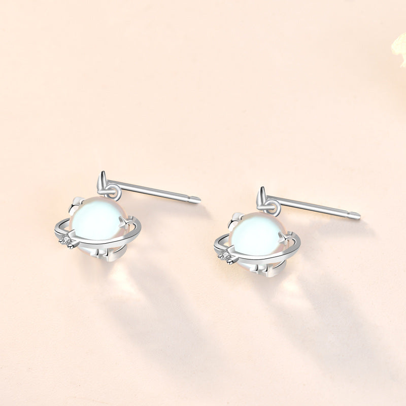 S925 Sterling Silver Moonstone Planet Female South Korea Simple Special Interest Earrings