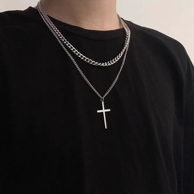 Collier croisé double couche en acier titane pour hommes cubains
