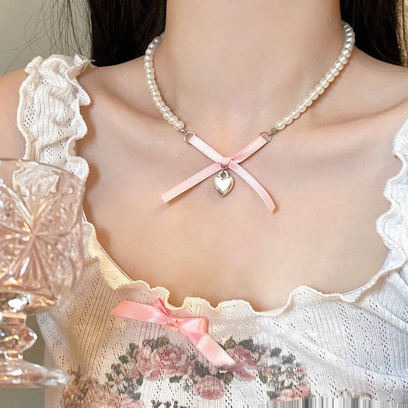 Color Bow Beaded Necklace Female Flower Short Pearl Necklace