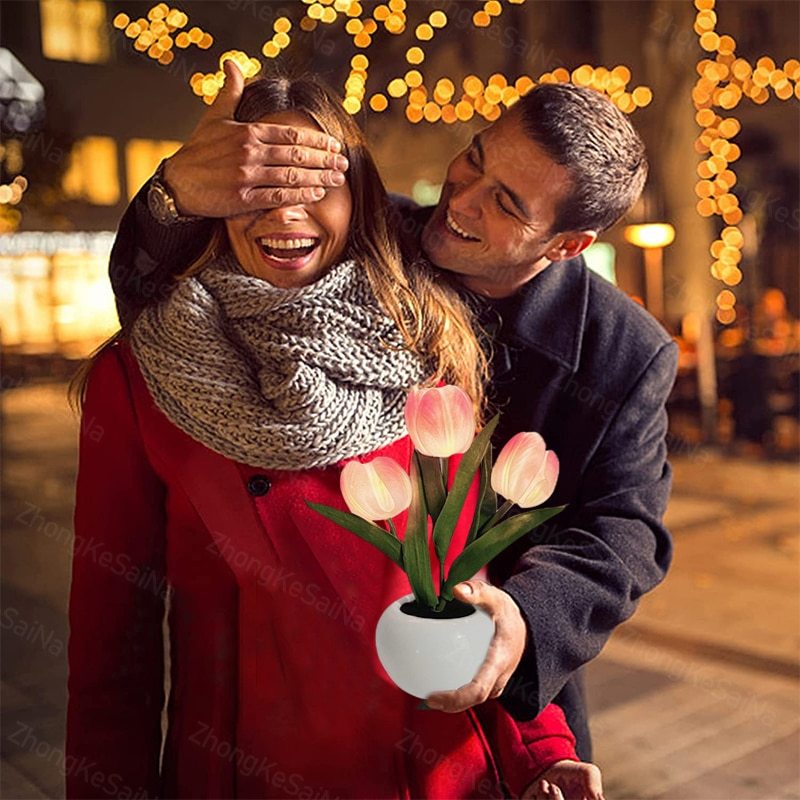 Lámpara LED de noche de tulipán, lámpara de mesa de flores de simulación, decoración de la habitación del hogar, lámpara de ambiente, regalo romántico en maceta para luces LED de oficina