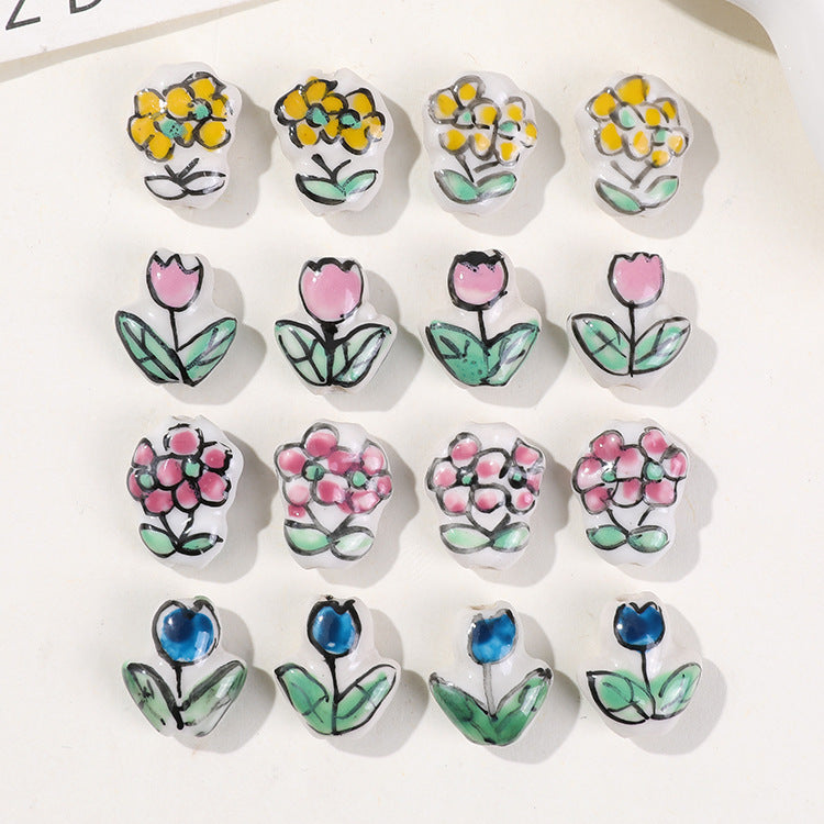 Perles en céramique tulipe rose peintes à la main